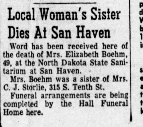Elizabeth Senger Boehm death notice 1954